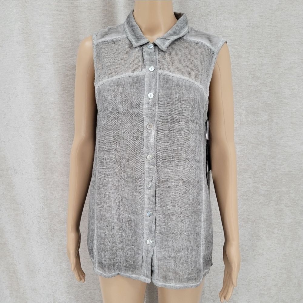ii Sisters Gray Button Down Sleeveless Blouse Mesh Contrast Women's Size Medium